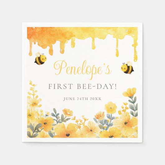 First Bee Day Yellow Wildflowers 1st Birthday Serviette (Vorderseite)
