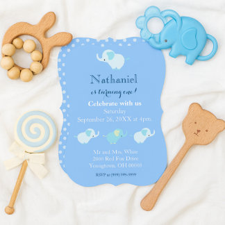 First Birthday Baby Boy Blue Elefanten Einladung