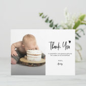 First Birthday Baby Photo Modern heart Script Dankeskarte (Stehend Vorderseite)