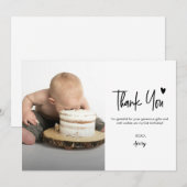 First Birthday Baby Photo Modern heart Script Dankeskarte (Vorne/Hinten)