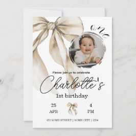 First Birthday Beige Bow Neutral Invitation Photo Einladung