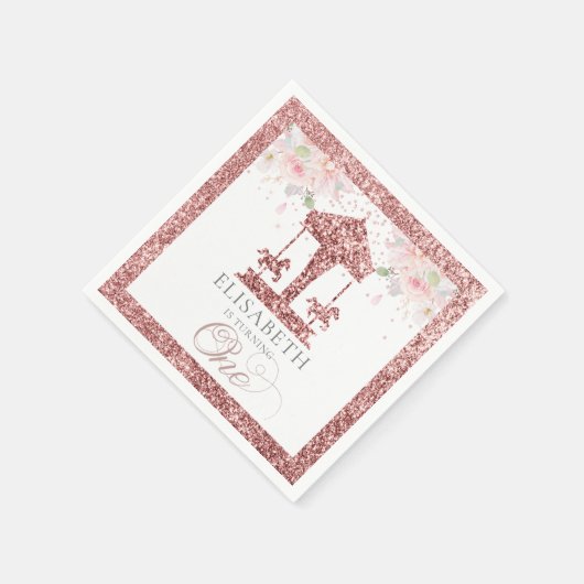 First Birthday Carousel Floral Glitzer Serviette (Ecke)