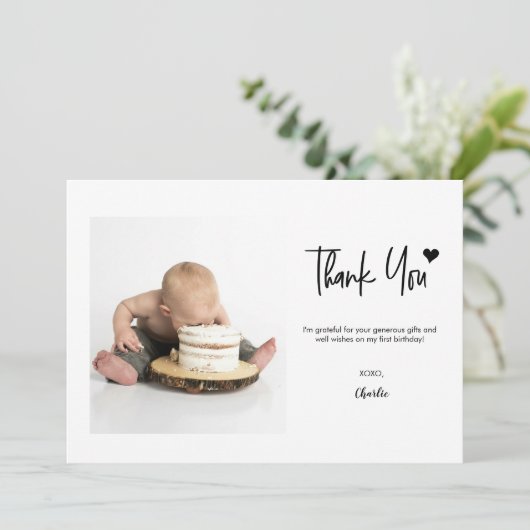 First Birthday Custom Photo Modern handlettering Dankeskarte (Stehend Vorderseite)