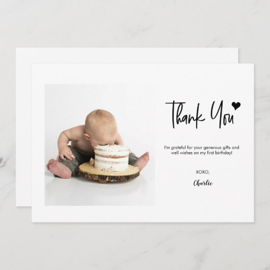 First Birthday Custom Photo Modern handlettering Dankeskarte (Vorne/Hinten)