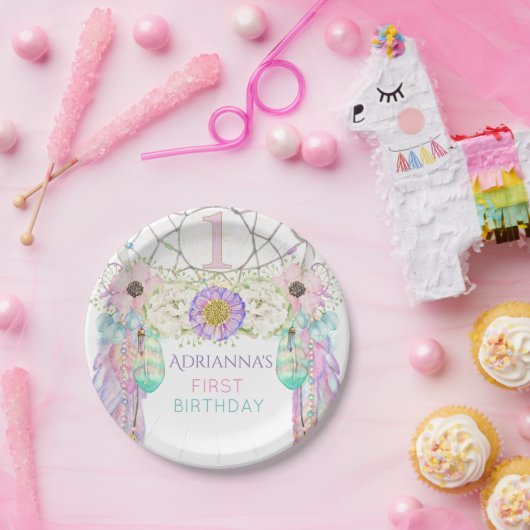 First Birthday Dream Catcher Boho Feathers Pappteller (Party)