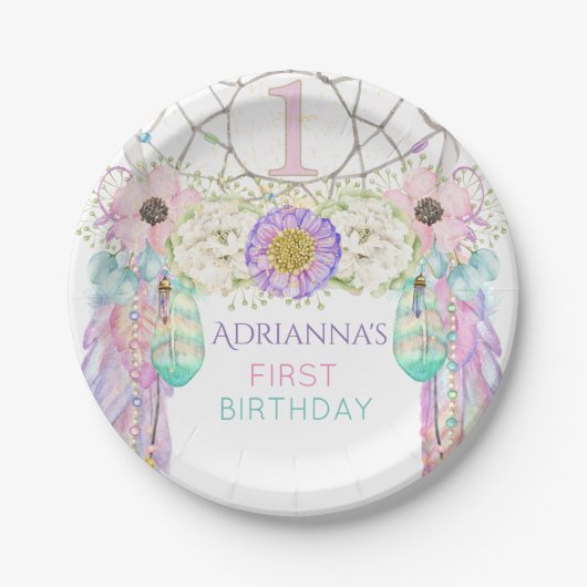 First Birthday Dream Catcher Boho Feathers Pappteller (Vorderseite)