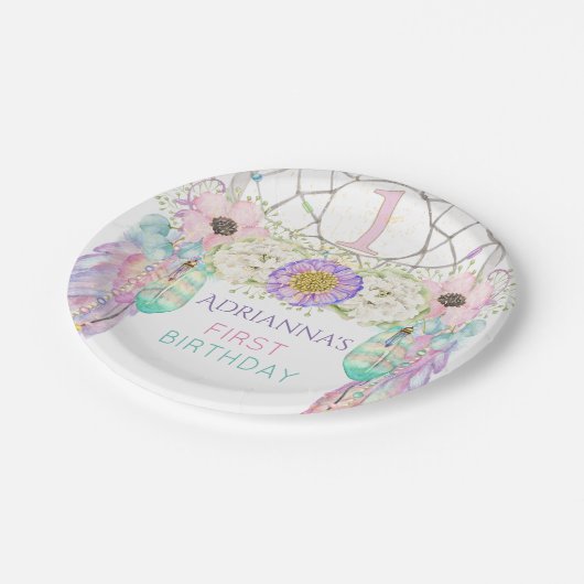 First Birthday Dream Catcher Boho Feathers Pappteller (Schrägansicht)