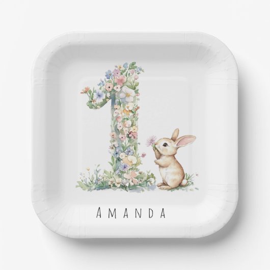First Birthday Floral Bunny Pappteller (Vorderseite)