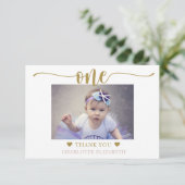 First Birthday Foto Elegantes Skript Dankeskarte (Stehend Vorderseite)