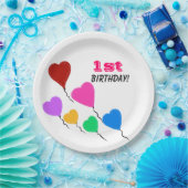 First Birthday Girl Colorful Heart Balloons Pappteller (Party)
