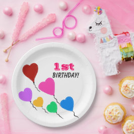 First Birthday Girl Colorful Heart Balloons Pappteller