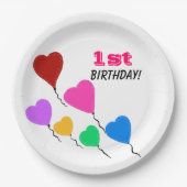 First Birthday Girl Colorful Heart Balloons Pappteller (Vorderseite)