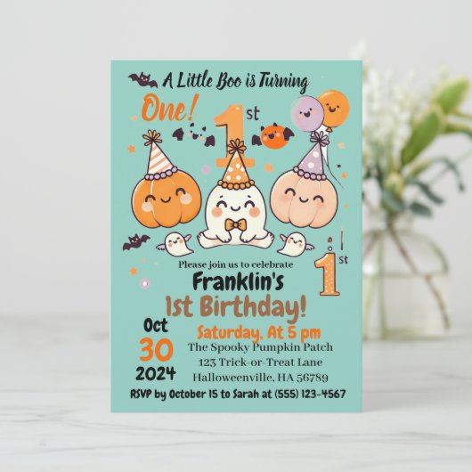 First Birthday Halloween Pumpkin Ghost Party Einladung (Stehend Vorderseite)