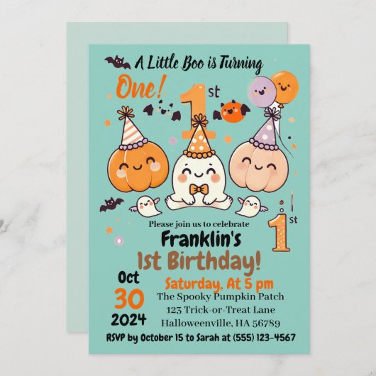 First Birthday Halloween Pumpkin Ghost Party Einladung (Vorne/Hinten)