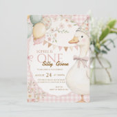 First birthday invitation with a fun goose design einladung (Stehend Vorderseite)