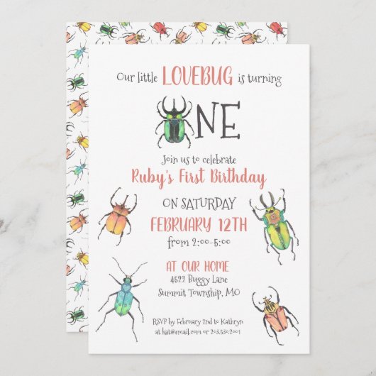 First Birthday Lovebug Foto Einladung (Vorne/Hinten)