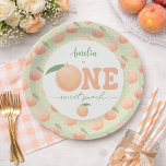 First Birthday Party One Sweet Peach  Pappteller<br><div class="desc">First Birthday Party One Sweet Peach Paper Plates. Celebrate your little one's first birthday with these adorable 'One Sweet Peach' paper plates. Featuring a charming pastel green background with a scattered pattern of ripe peaches and delicate white polka dots, these plates are perfect for a whimsical and sweet celebration. The...</div>