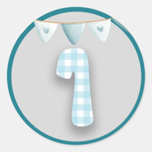 First Birthday Party Sticker Blue Gingham Kariert