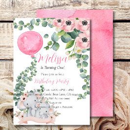 First Birthday Pink Balloon Eucalyptus Elephant Einladung