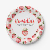 First Birthday Strawberry Watercolor Party Plates Pappteller (Vorderseite)