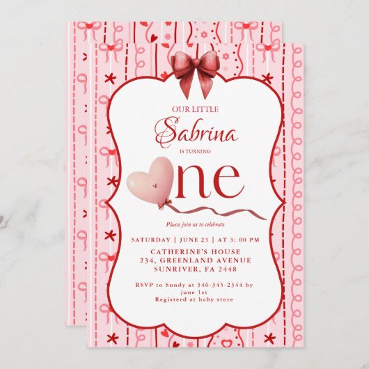 First Birthday valentine baby birthday party Einladung (Vorne/Hinten)