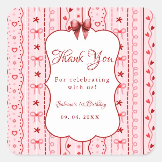 First Birthday valentine baby birthday party Quadratischer Aufkleber (Vorderseite)