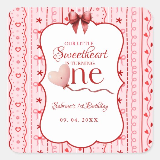 First Birthday valentine baby birthday party Quadratischer Aufkleber (Vorderseite)