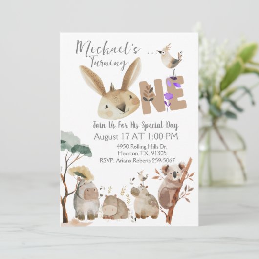 First Birthday Watercolor Safari Animals Einladung (Stehend Vorderseite)