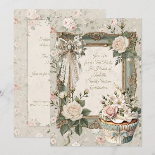 First Bloom Floral Tea Party Sweet 16 Invitation Einladung (Vorne/Hinten)