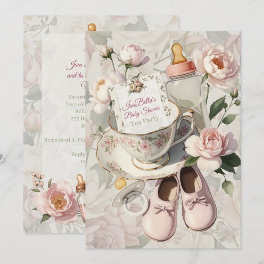 First Bloom Tea Party Baby Shower Einladung (Vorne/Hinten)