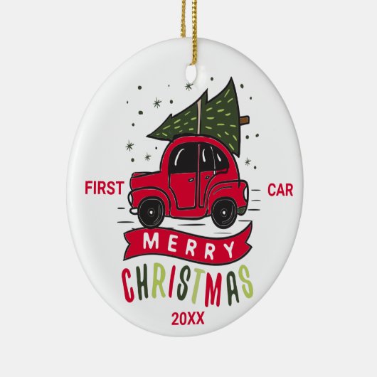 First Car Merry Christmas Red Car Tree Custom Text Keramik Ornament (Rechts)