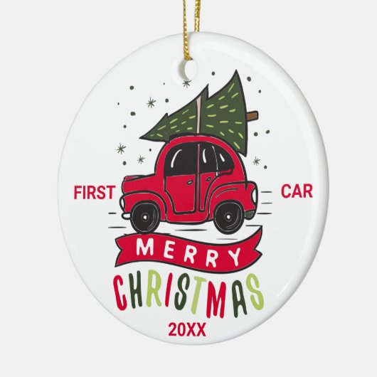 First Car Merry Christmas Red Car Tree Custom Text Keramik Ornament (Links)