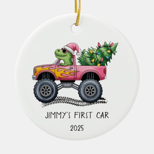First Car Personalized Dinosaur Monster Truck Keramik Ornament (Vorne)