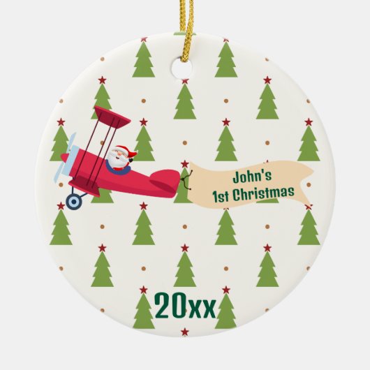 First Christmas Airplane & Santa Trees Boy Custom Keramik Ornament (Vorne)