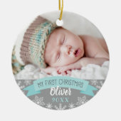 First Christmas Aqua Blue Baby Boy Foto Keramik Ornament (Vorne)