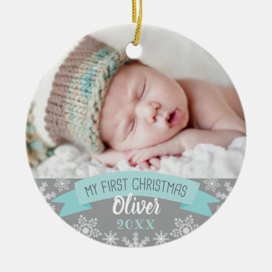 First Christmas Aqua Blue Baby Boy Foto Keramik Ornament (Vorne)