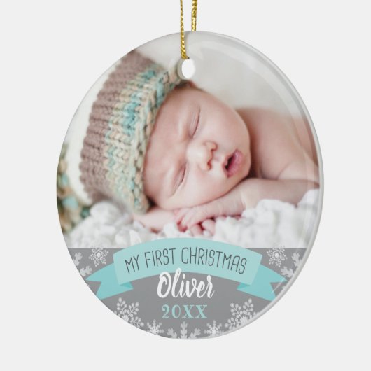 First Christmas Aqua Blue Baby Boy Foto Keramik Ornament (Links)