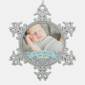First Christmas Aqua Blue Baby Boy Foto Schneeflocken Zinn-Ornament (Vorderseite)