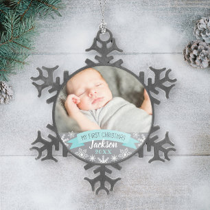 First Christmas Aqua Blue Baby Boy Foto Schneeflocken Zinn-Ornament