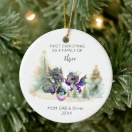 First Christmas as a Family of Three Neon Dragon Keramik Ornament