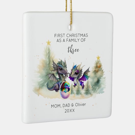 First Christmas as Family of 3 Neon Dragon Square Keramikornament (Rechts)