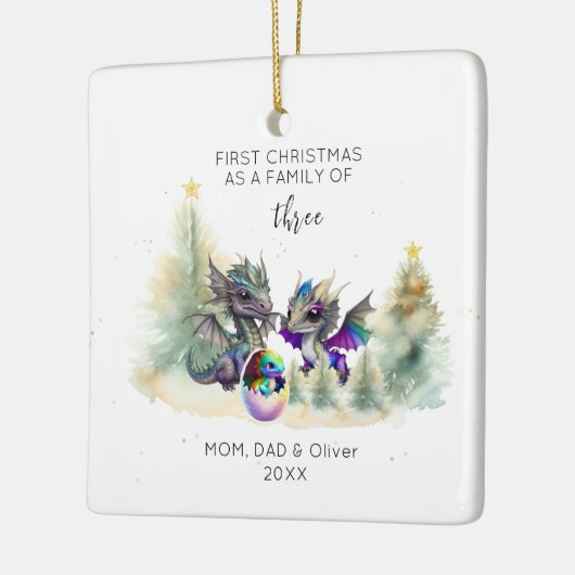 First Christmas as Family of 3 Neon Dragon Square Keramikornament (Links)