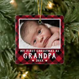 First Christmas as Grandpa Baby Photo Plaid Keramikornament
