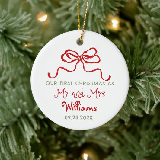 First Christmas As Mr and Mrs Custom Bow Keramik Ornament (Baum)
