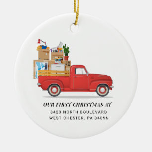 First Christmas At New Home Red Loaded Truck Keramik Ornament