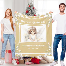 First Christmas Baby Angel Gold & White Christmas Fleecedecke