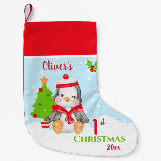 First Christmas Baby Boy Penguin Kleiner Weihnachtsstrumpf (Vorderseite)