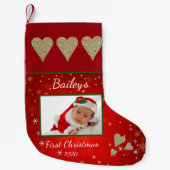 First Christmas Baby Foto Gold Heart Red Kleiner Weihnachtsstrumpf (Vorderseite)