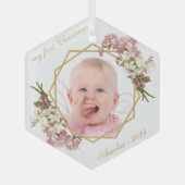 First Christmas Baby Girl Foto Pink Orchids Gold Ornament Aus Glas (Vorderseite)