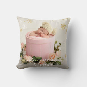 First Christmas Baby Girl Snowflake Frame Foto Kissen
